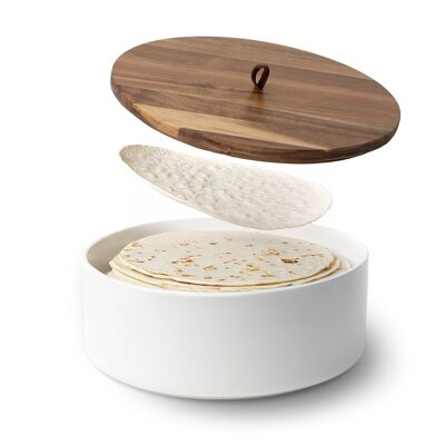 Chauffe-tortillas avec couvercle en bois 23,5 cm en céramique
