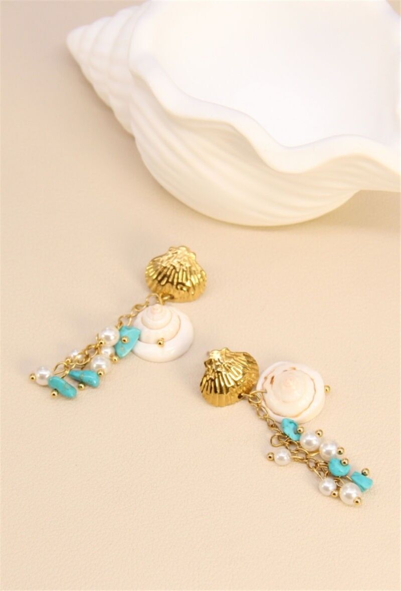 Boucles d'Oreilles Coquillage & Perles en Acier Inoxydable