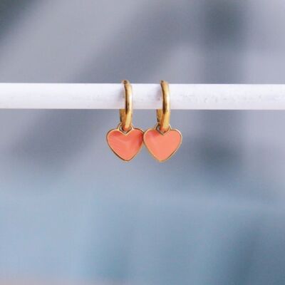 Pendientes de aro de acero inoxidable con mini corazón – coral