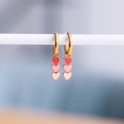 Boucles d'oreilles créoles en acier inoxydable avec 3 cœurs - corail/rose/nude