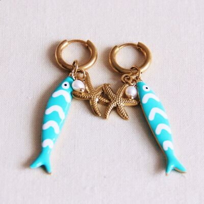 Boucles d'oreilles créoles en acier inoxydable avec poisson, étoile de mer et perle - turquoise