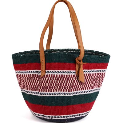 KUKUTANA: Bolso tote de lana tejido a mano en verde oscuro, rojo y burdeos