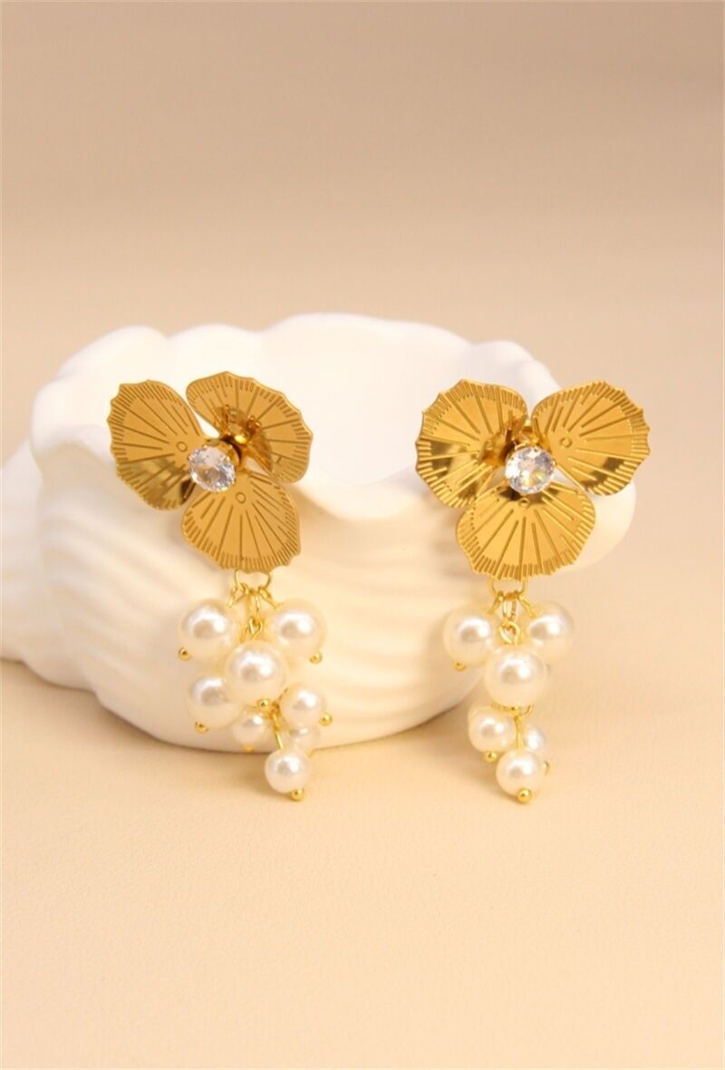 Pendiente de flor de perla de acero inoxidable – Elegancia natural