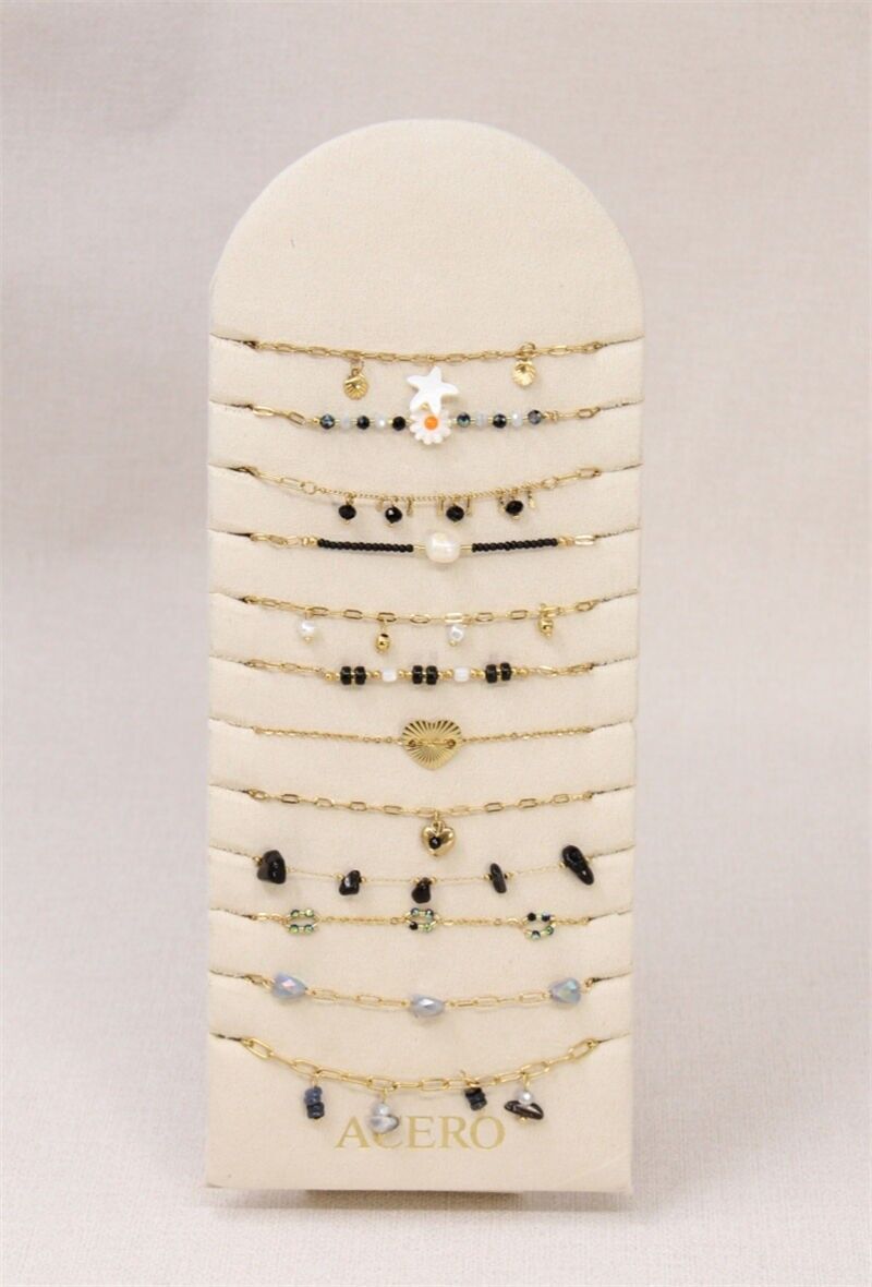 Set mit 12 Perlenarmbändern aus Edelstahl und kostenlosem Präsentationsständer