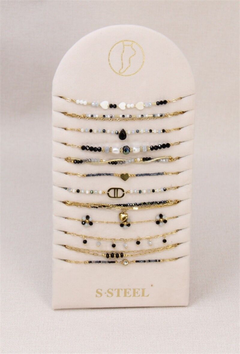 Set mit 12 PERLEN- und PERLMUTT-Fußkettchen aus Edelstahl + kostenloser Präsentationsständer