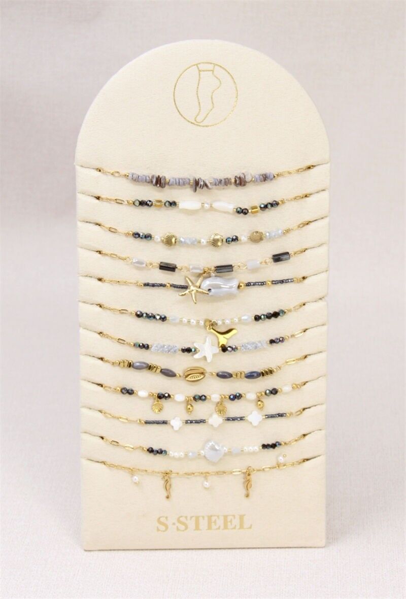 Set mit 12 Fußkettchen aus Perlen und Perlmutt – Marine-Thema, Edelstahl