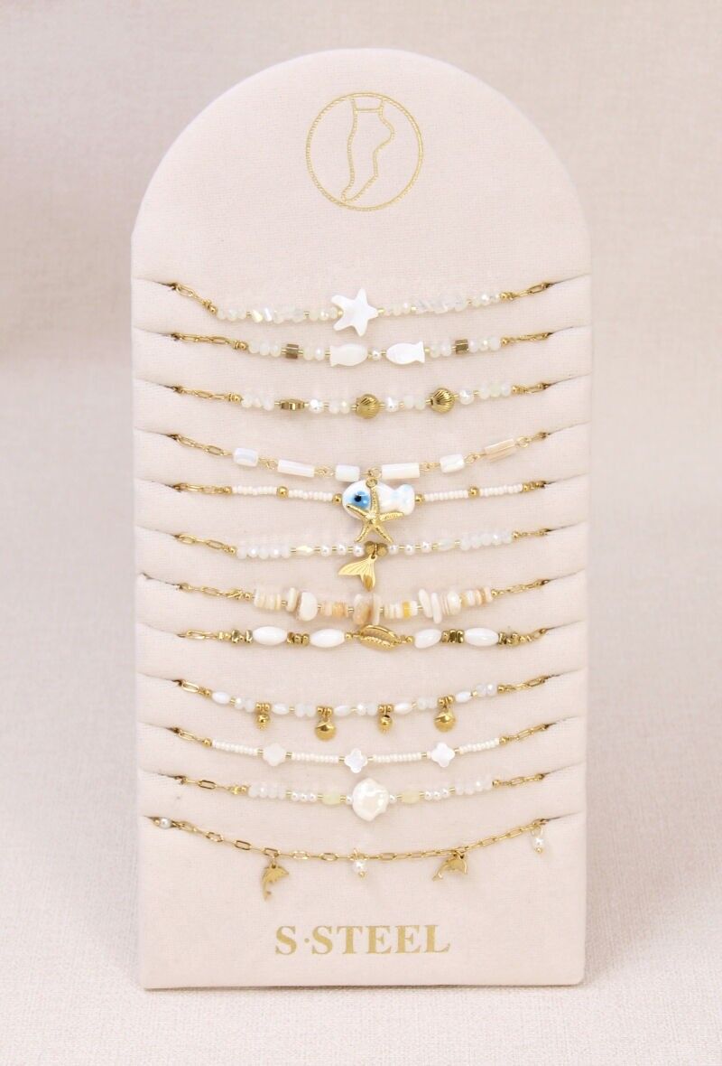 Set mit 12 Fußkettchen aus Perlen und Perlmutt – Seductive Ocean