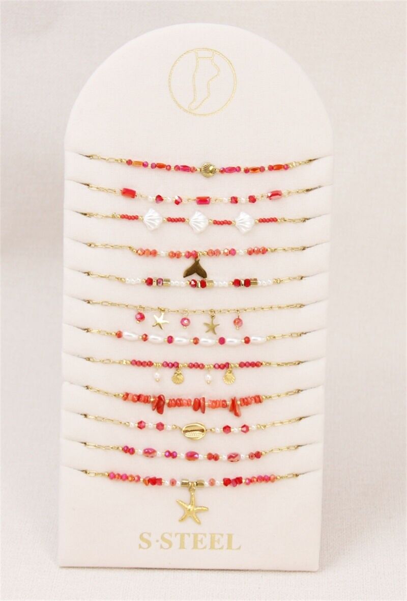 Display mit 12 Fußkettchen – Marine-Thema aus Edelstahl