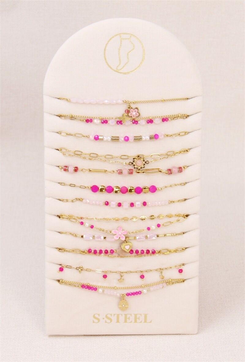 Display mit 12 Fußkettchen aus Edelstahl mit Perlen und Blumenmotiv