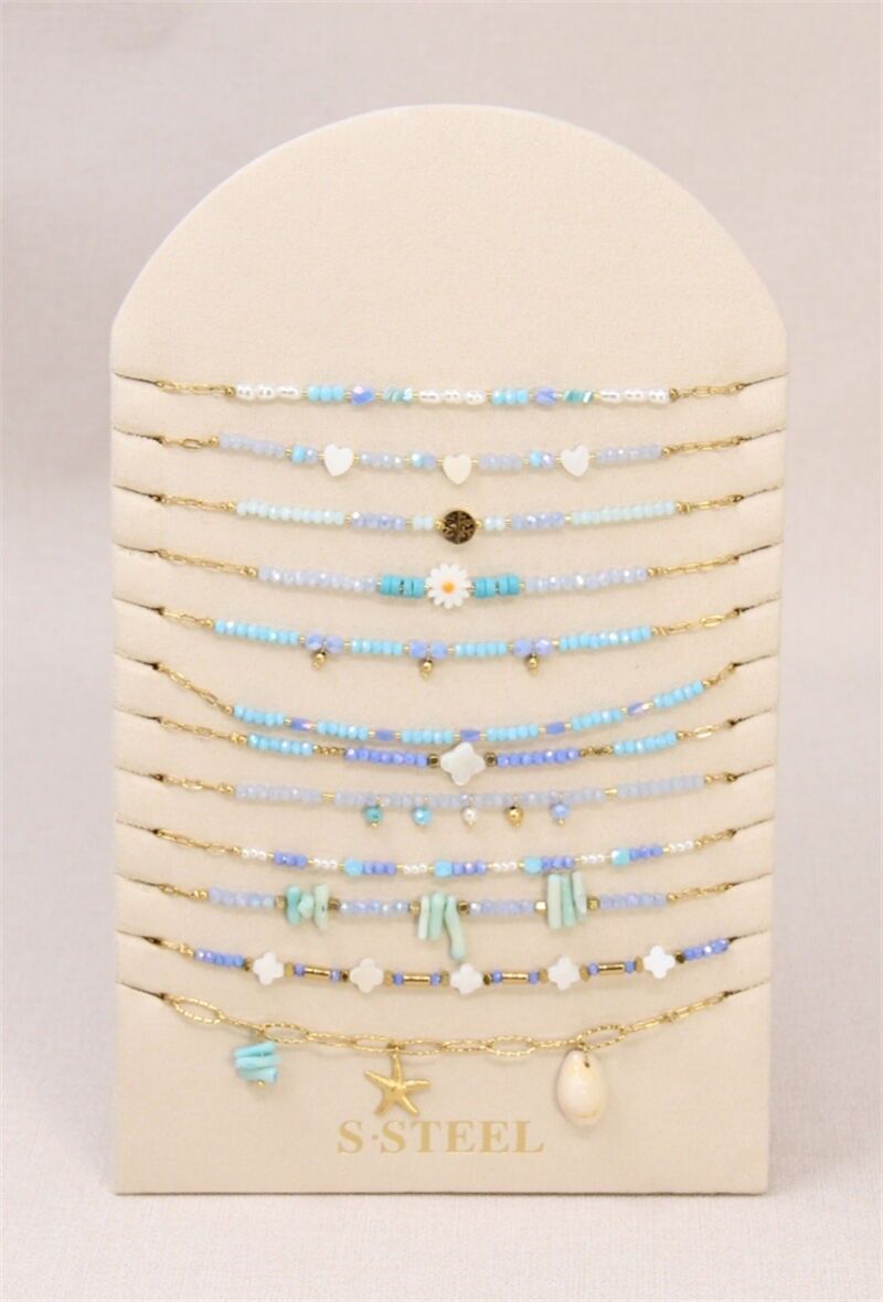 Display mit 12 Perlenketten – Edelstahl mit kostenlosem Präsentationsständer