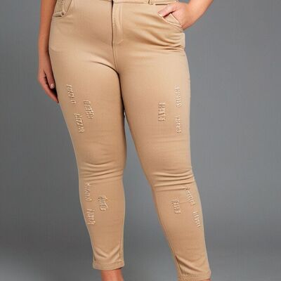 Vaqueros beige con efecto roto de talla grande (B201)