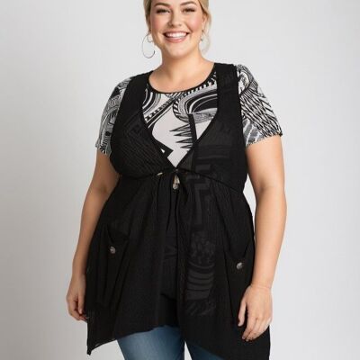 Plus size printed top + chiffon cardigan set (A307/BLACK)