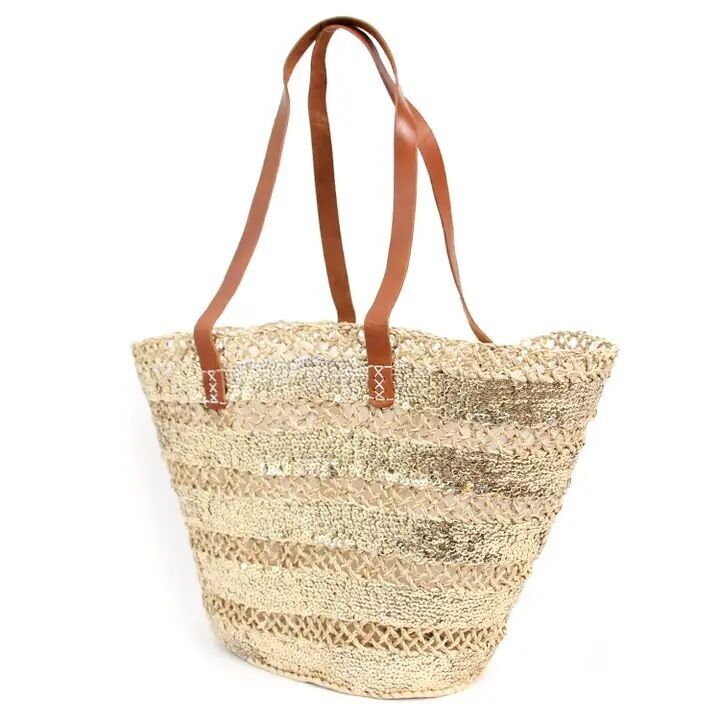 Borsa tote Palma con paillettes – Cestino marocchino fatto a mano con manici e fodera in pelle, 48×31×16 cm