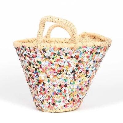 Petit panier en palmier à paillettes multicolores – Sac fourre-tout marocain fait main avec anse courte, 25 × 17 × 12 cm