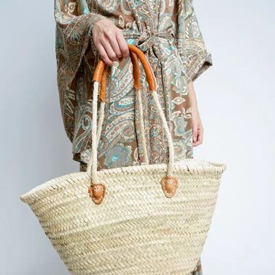 Asa Palm Basket – Handmade Moroccan Beach Bag with Raffia Straps and Leather Handles, 52×30×14 cm