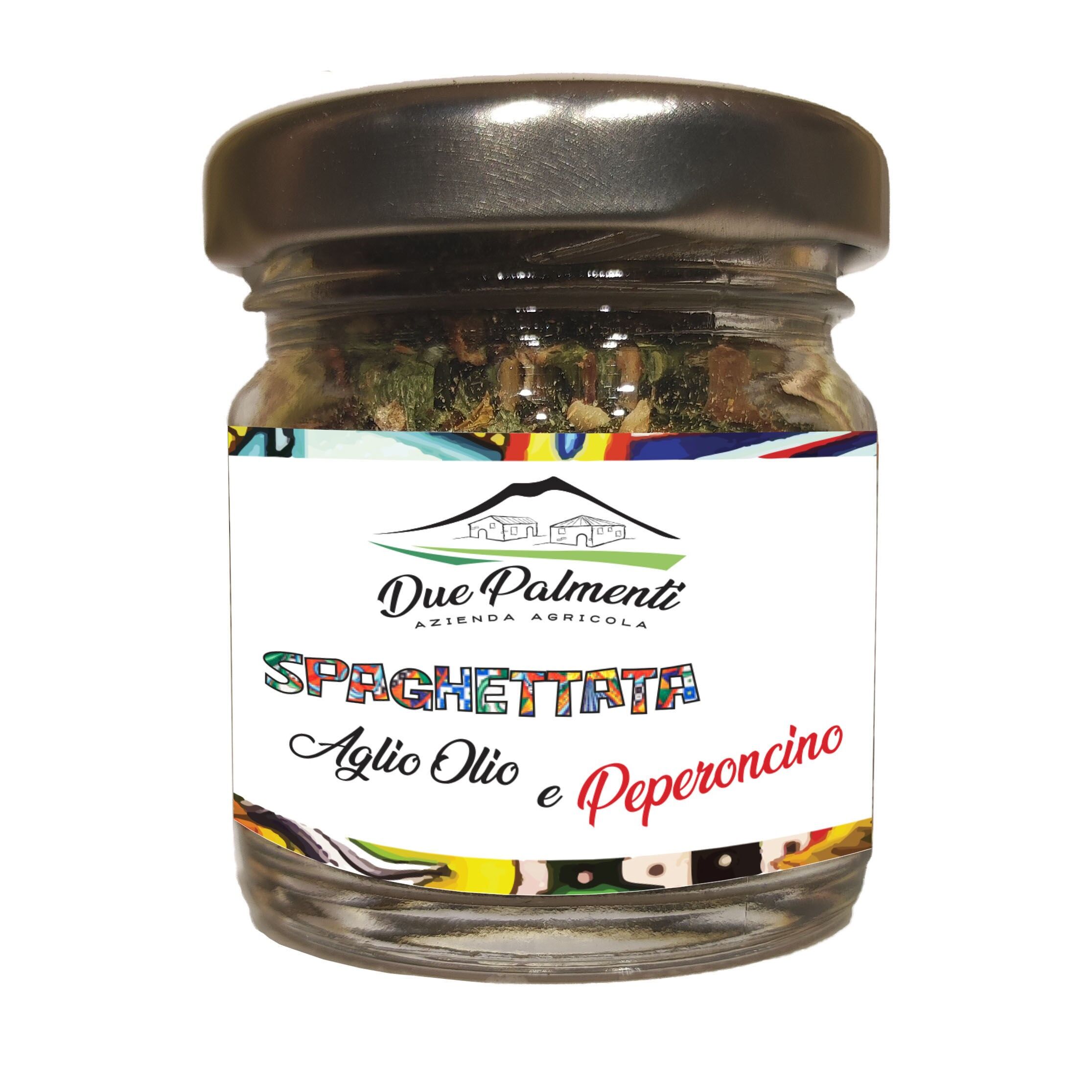 Spaghetti with garlic, oil and chili pepper in a glass jar
