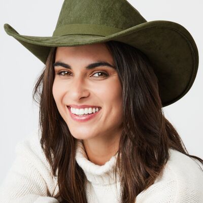 Cappello da cowboy in finta pelle scamosciata verde oliva