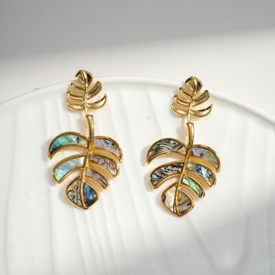 Boucles d’Oreilles Monstera Nacrée Acier Inoxydable & Nacre