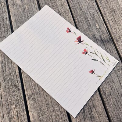 Papier à lettres DIN A4 | 25 feuilles, ligné | avec motif aquarelle | fleurs rouge rouille | recyclable