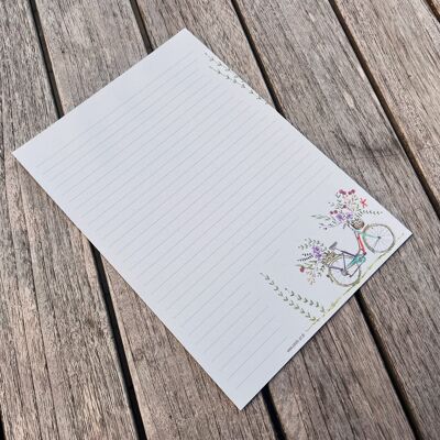 Papier à lettres DIN A4 | 25 pages lignées | Motif aquarelle | Vélo avec fleurs | Recyclable