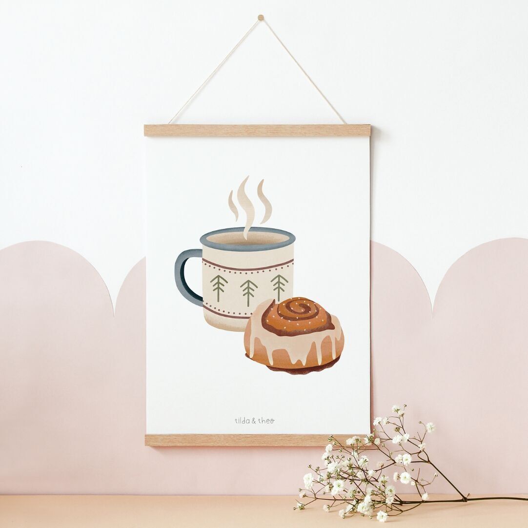 Poster Emailletasse & Zimtschnecke Norwegen - Kunstdruck Camping Reiseprint Hygge