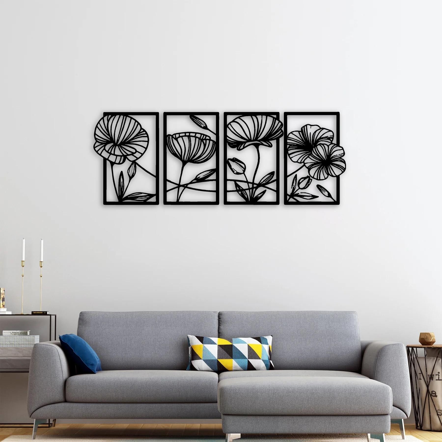 Stille Melodie der Blumen | 4-teiliges florales Wandkunst-Set aus Metall