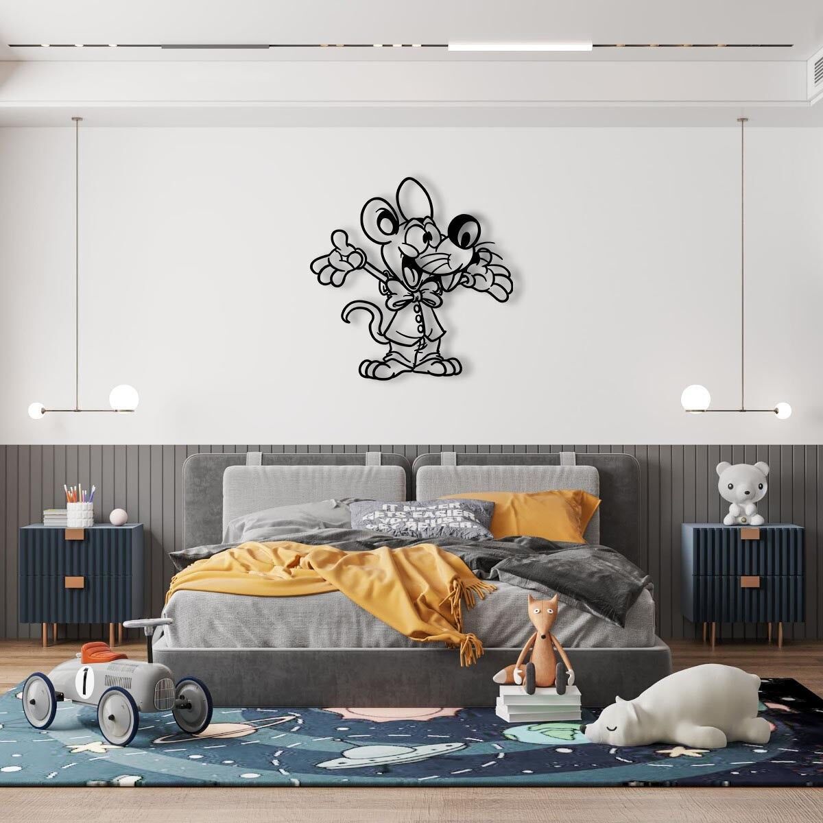 Fröhliche Maus, Wandkunst aus Metall, verspielte dekorative Tierskulptur