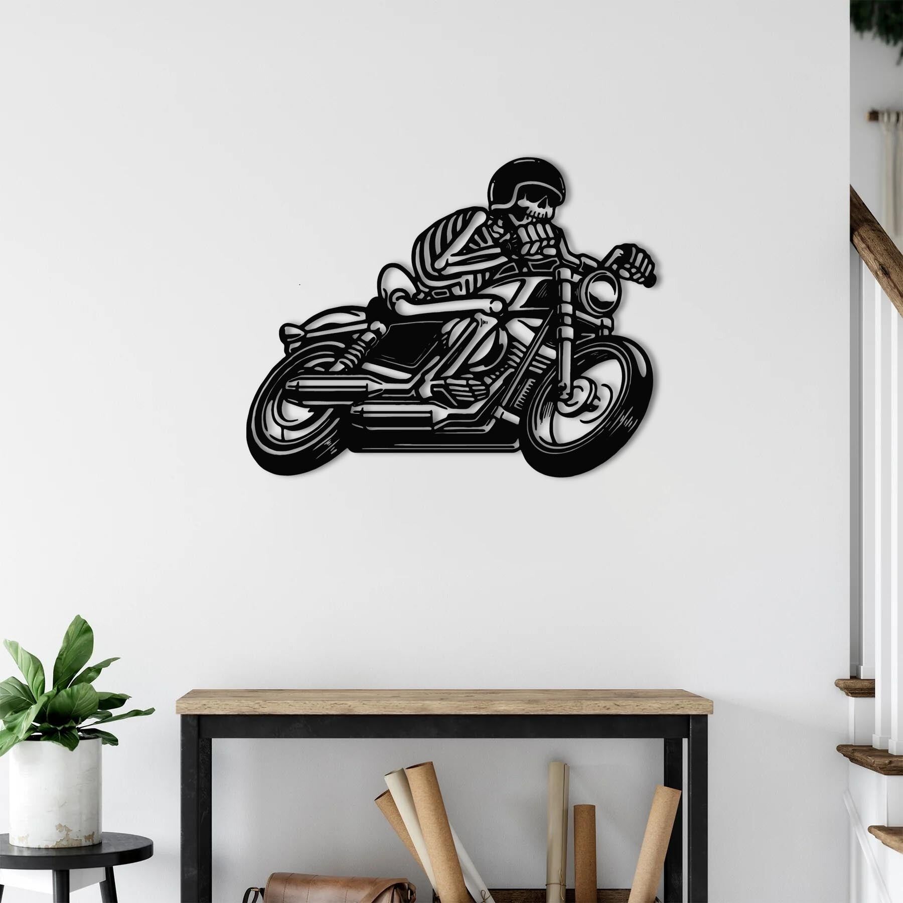 Unsterblicher Skelettfahrer Metall Wandkunst | Motorrad Wandskulptur