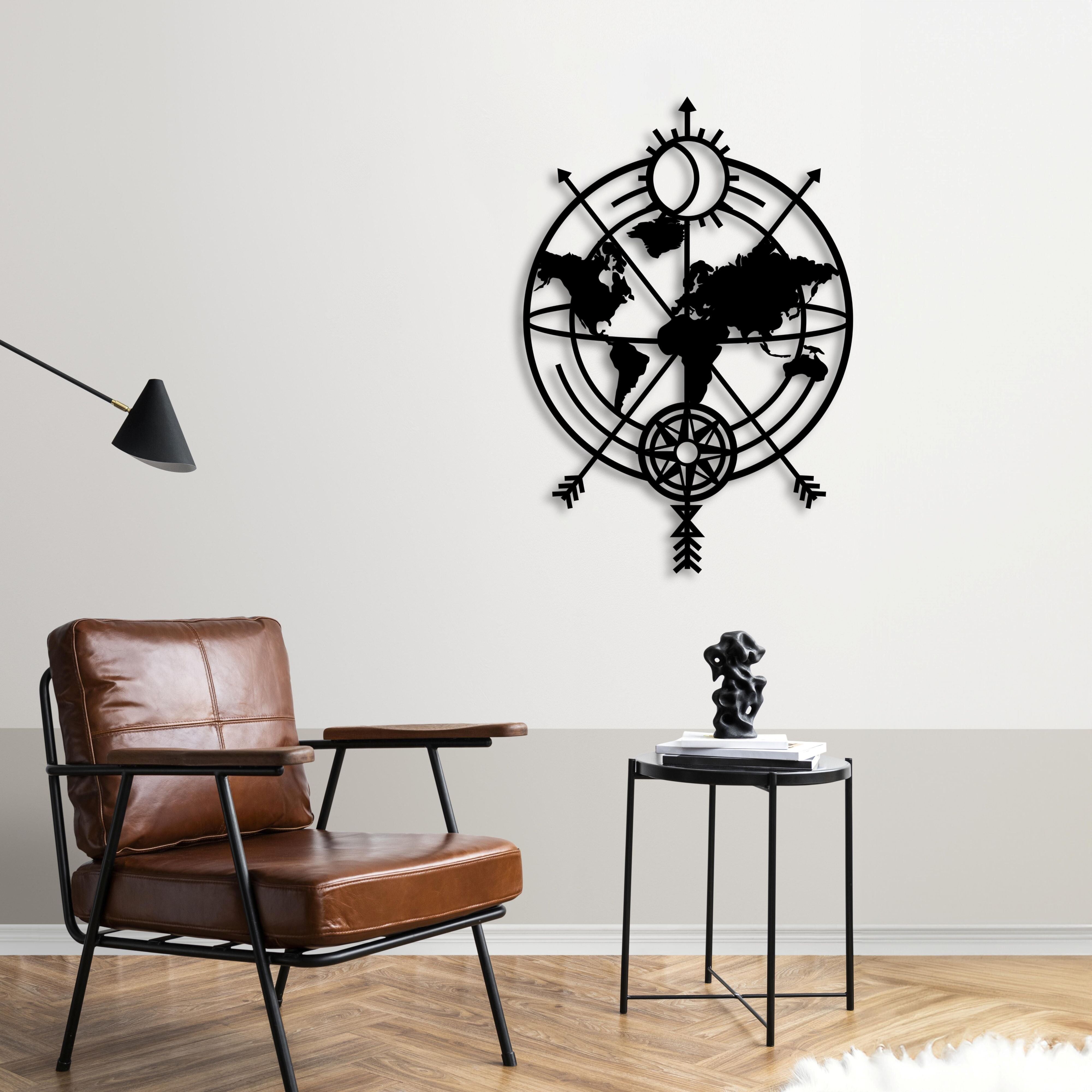 Metallwandkunst mit Entdeckungs- und Richtungskarte | Kompass-Wandskulptur