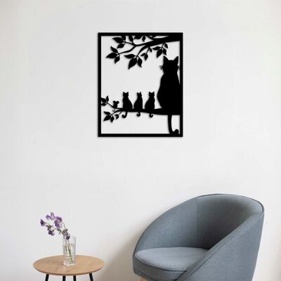 Décoration murale en métal « Chats sur une branche » | Sculpture murale décorative animalière