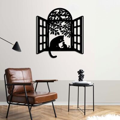 Décoration murale en métal représentant une fenêtre d'amitié avec des chats | Sculpture animalière décorative
