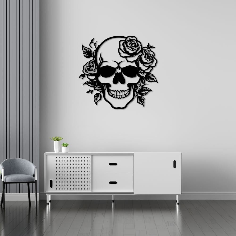 Arte mural de metal con calavera floral | Escultura gótica decorativa de pared