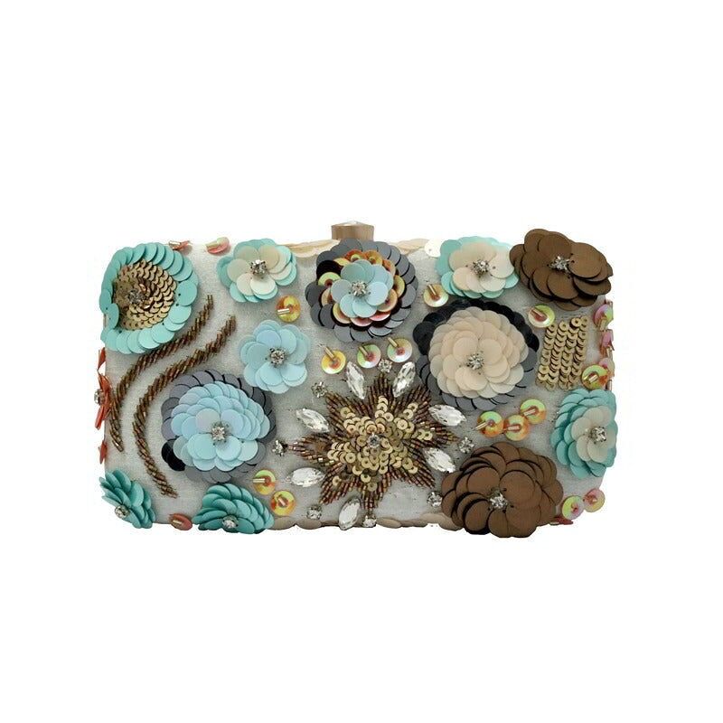 Borsa Naitra con fiori 3D beige e blu acqua