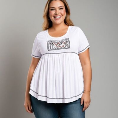 T-shirt bianca con cuciture e ricami, taglia large (A549)