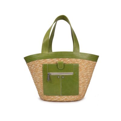Straw basket lined with leather Madeleine green basket