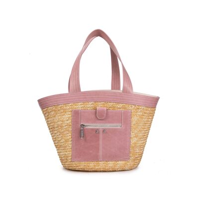 Leather-trimmed straw basket Pink Madeleine basket