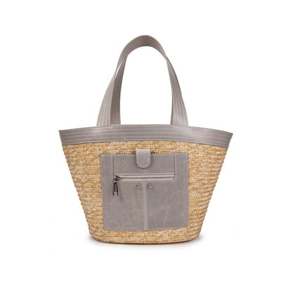 Leather-trimmed straw basket Madeleine pearl basket