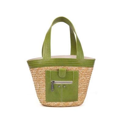 Cestino di paglia con finiture in pelle M Cestino verde Madeleine