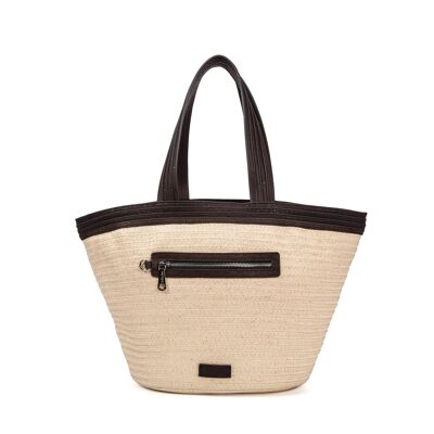 Panier en paille garni cuir Cabas Patty marron