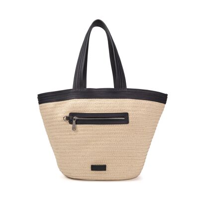 Straw basket with leather trim Patty blue tote bag