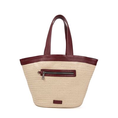 Panier en paille garni cuir Cabas Patty Aubergine