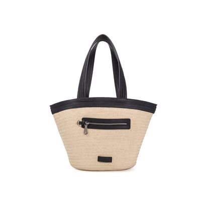 Panier en paille garni cuir M Cabas Patty bleu