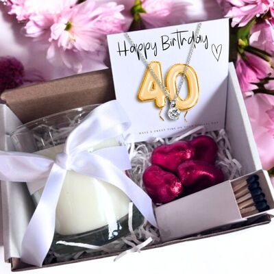 Small 40th Birthday Gold Balloons Gift Hamper - Cubic Zirconia Charm Necklace, Chocolates & Candle