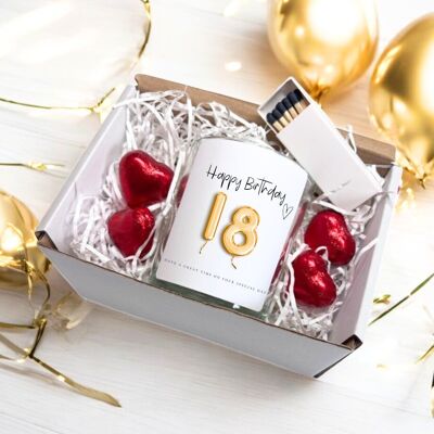 Coffret cadeau de bougies ballons dorés pour 18 ans | Cadeau d'anniversaire pour fille | Bougie à message pour 18 ans | Panier d'anniversaire Royaume-Uni |