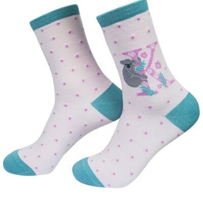 Calzini da donna con alfabeto in bambù, iniziali K, calzini alla caviglia con animali floreali