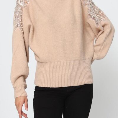 Suéter suave de cuello barco con bordado de cuentas: elegancia informal