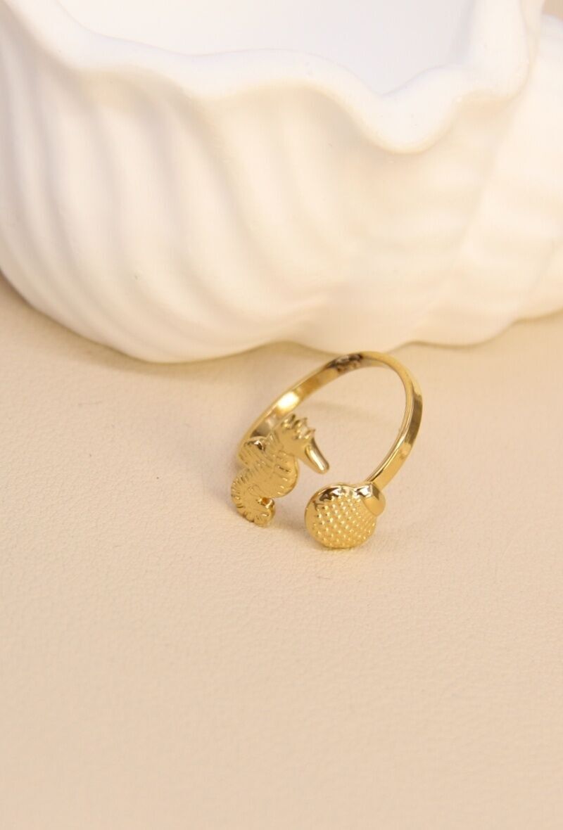 Bague hippocampe et coquillage en acier inoxydable – Esprit marin doré
