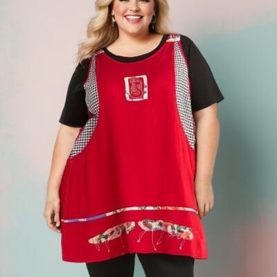 Ensemble tunique brodée rouge avec t-shirt grande taille (A592)