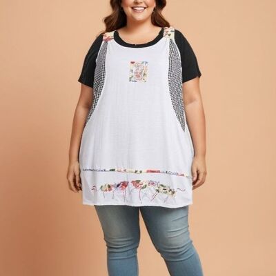 Ensemble tunique brodée blanc avec t-shirt grande taille (A592)
