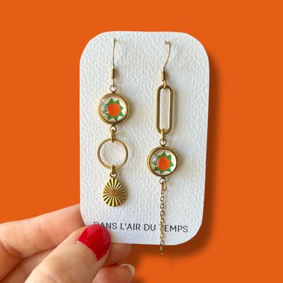 Orange and green geometric asymmetrical earrings